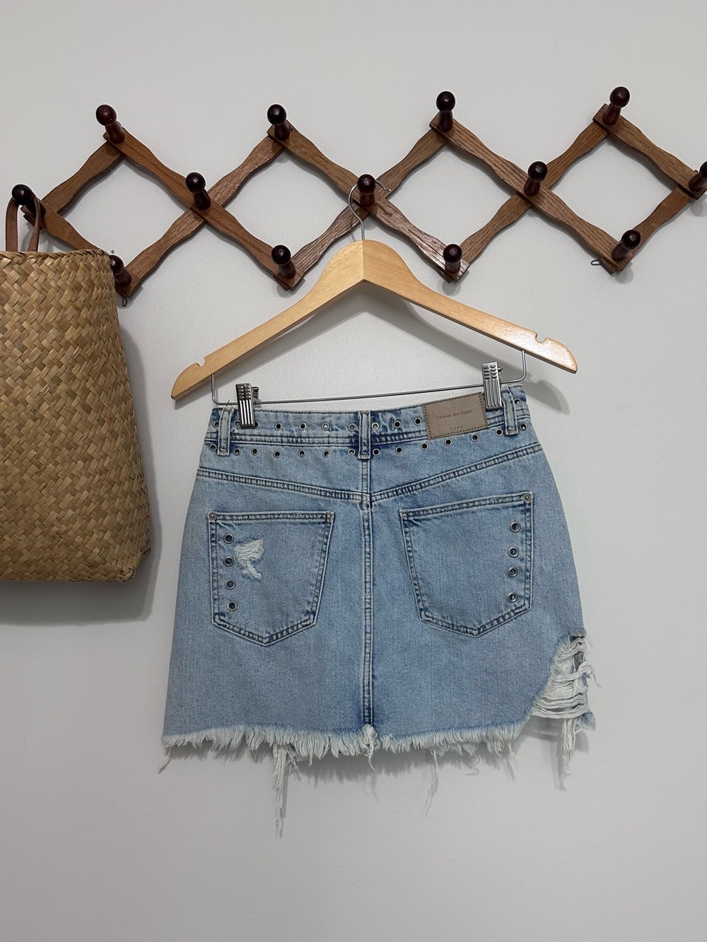 Zara Light Blue Distressed Denim Mini Skirt with Stud Details - Picture 5 of 6